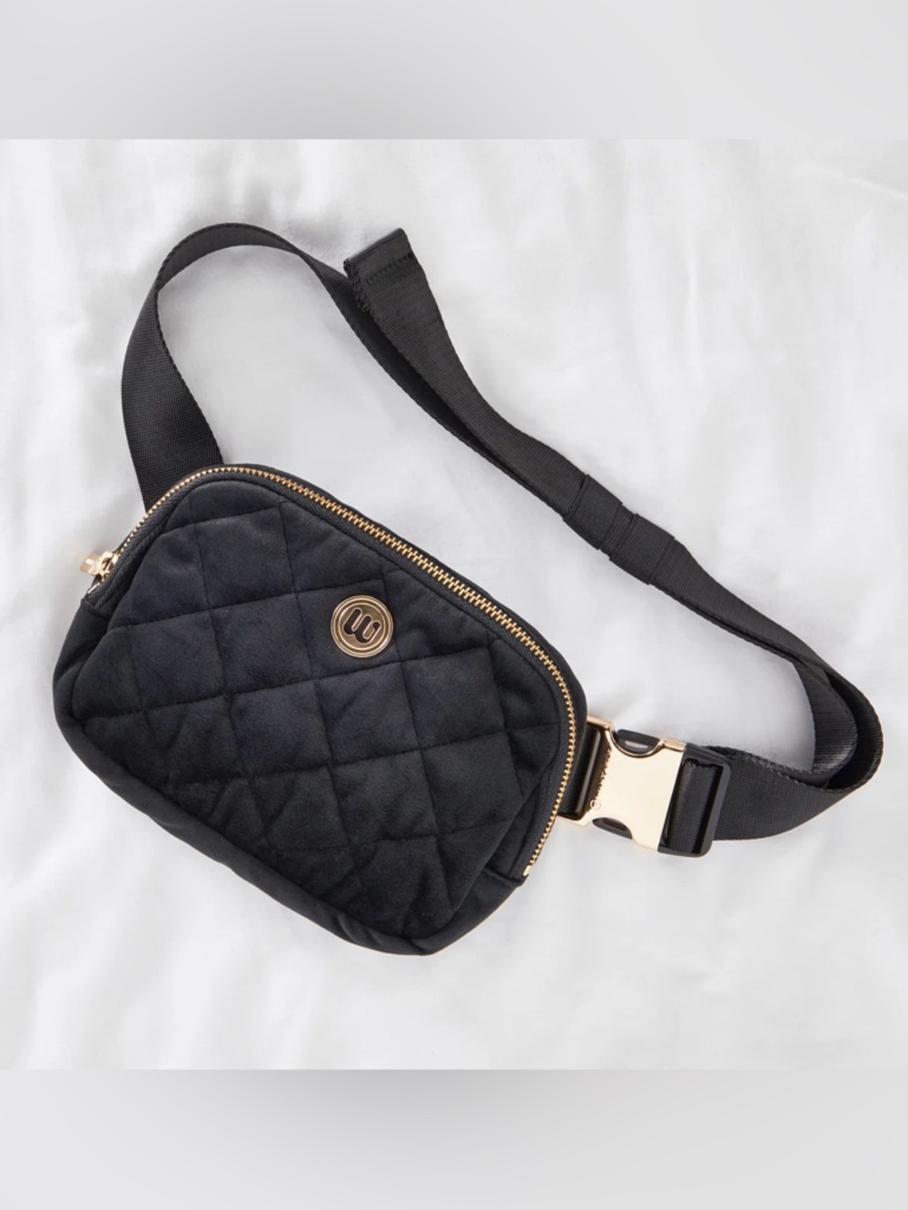 Wantable Quilted Velvet Crossbody Belt Bag in Black / Gold Hardware